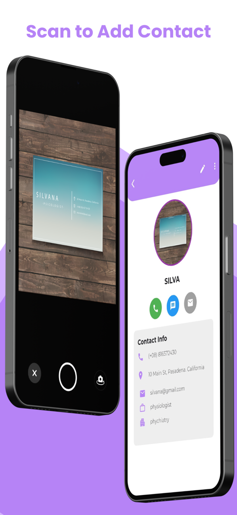 Card Reader & Scanner - Interface de l'application montrant comment numériser une carte de visite pour ajouter automatiquement les coordonnées
