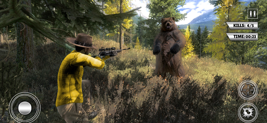 Wild Hunt - Sniper Furry - Un cazador apuntando un rifle de francotirador a un oso grizzly en el juego móvil Wild Hunt Sniper Furry.