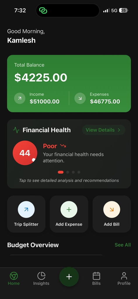 Budget Buddy: Save & Track - Budget Buddy app dashboard displaying total balance income expenses and a financial health score of 44 indicating poor status