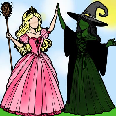 detailed realistic split of a princess and a witch