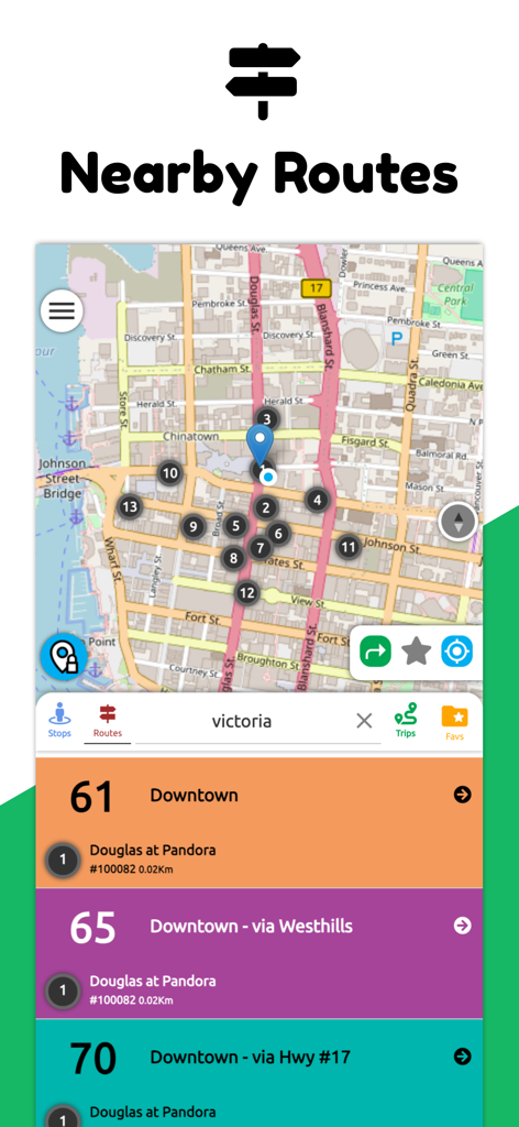 Victoria Transit BC - Victoria Transit BC app interface showing nearby bus routes on a map and a list of bus lines