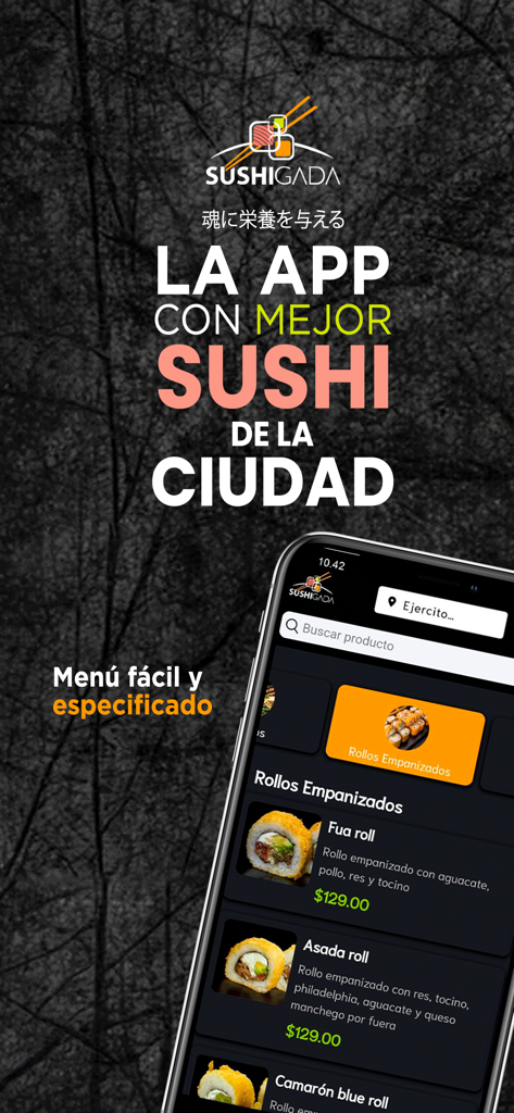 SushiGada - Interface of the SushiGada mobile app showing a menu of breaded sushi rolls with prices and descriptions in Spanish.