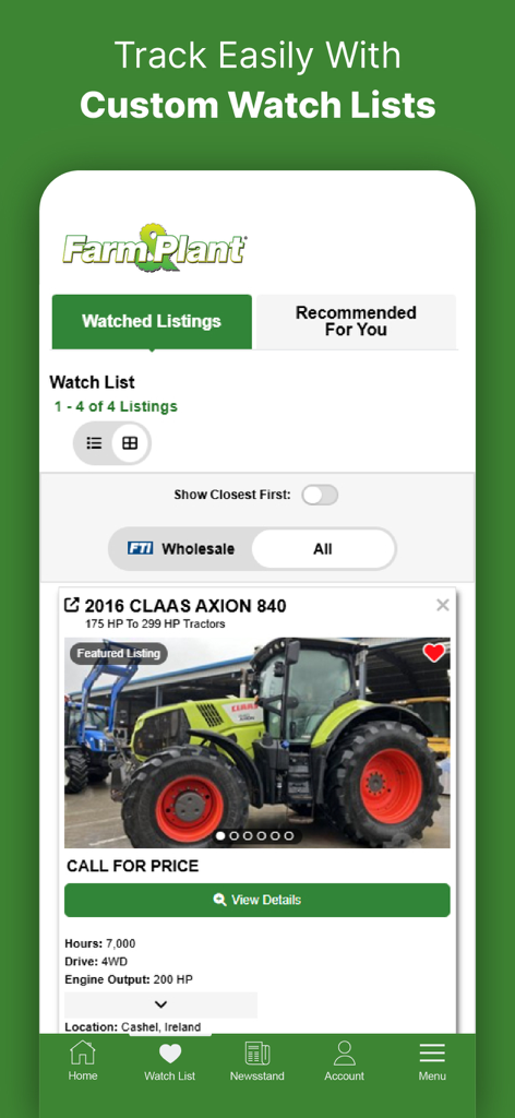 Farm And Plant - Captura de pantalla de la aplicación móvil Farm and Plant que muestra un anuncio de tractor guardado en una lista de seguimiento personalizada.