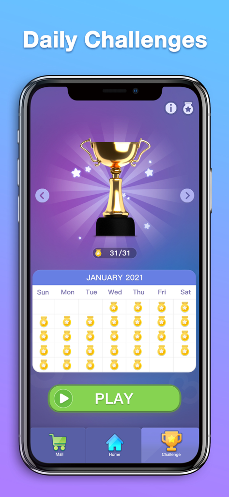 Match Ten - Number Puzzle - A golden trophy and monthly calendar showing completed daily challenges in the Match Ten mobile app
