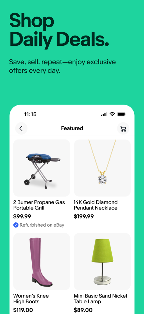 eBay app interface showing daily deals on a portable grill, diamond necklace, boots and table lamp