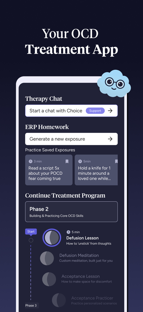 Choiceful: OCD Treatment App - Interface of the Choiceful OCD treatment app showing therapy chat and exposure therapy exercises