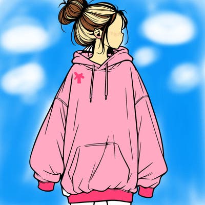 realistic girl with a oversized sweatshirt on and a bun