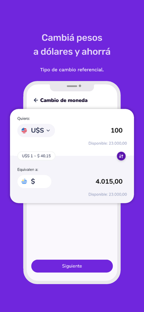 Prex Uruguay - Prex Uruguay App-Oberfläche, die eine Währungsumrechnung von US-Dollar in uruguayische Pesos zeigt.