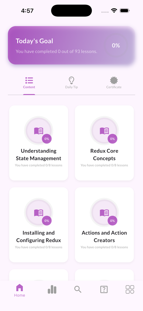 Learn Redux - Dashboard of the Learn Redux app displaying course modules and progress tracking.