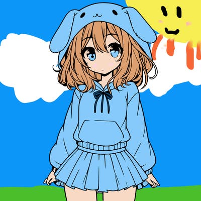 pretty anime girl wearing a fluffy hoodie with bunny ears on the hood and a skirt