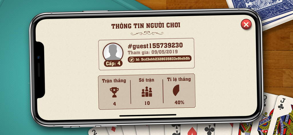 Pantalla de perfil de jugador en la aplicación Tien Len Mien Nam que muestra estadísticas del juego y tasa de victorias.