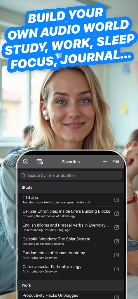 Una giovane donna con le cuffie utilizza l'app FreeTTS per ascoltare un elenco curato di contenuti audio per studio e lavoro.