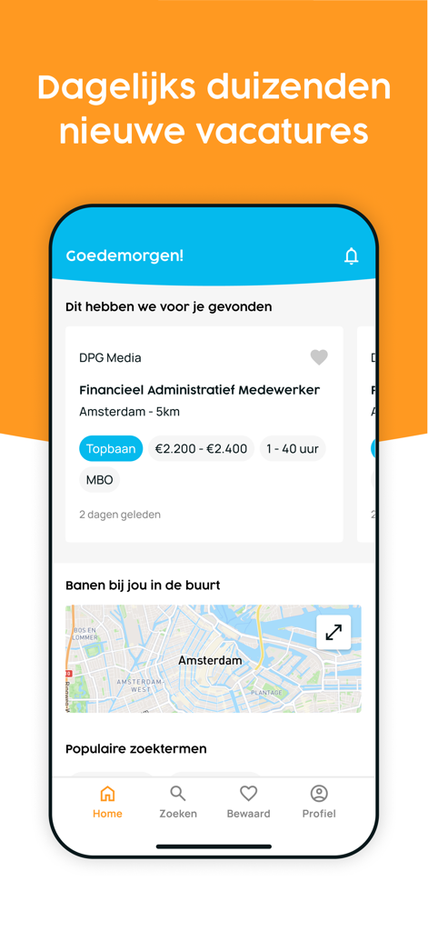 Startbildschirm der mobilen App von Nationale Vacaturebank mit Stellenangebotskarte und lokaler Jobkarte