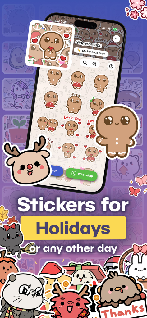 Écran d'iPhone présentant une variété de stickers d'animaux mignons et festifs de pain d'épice pour iMessage et WhatsApp