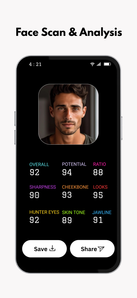 BodyIQ – Track Your Body - A mobile app screenshot of BodyIQ showing an AI-powered face scan analysis for a male user with various facial metrics and scores.