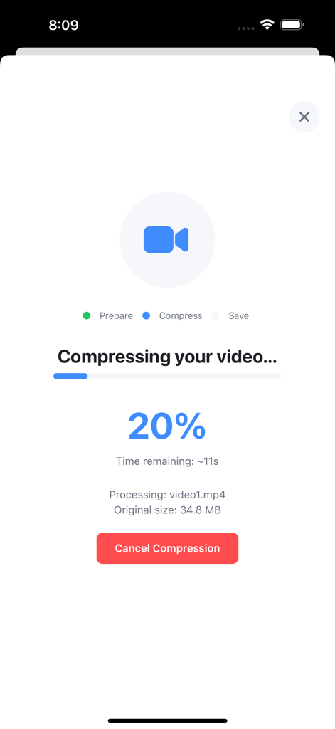ShrinkIt app interface showing a video compression progress at 20 percent