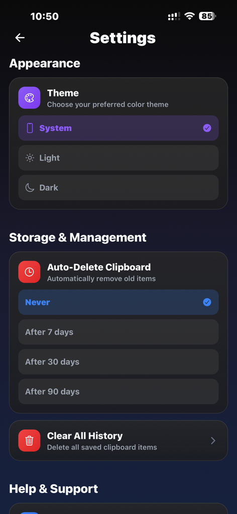 Cliply - Clipboard Manager - Settings screen of Cliply app showing appearance themes and clipboard storage management options