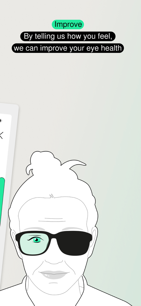 Alleye - An illustration of a senior woman on an Alleye app screen explaining eye health tracking