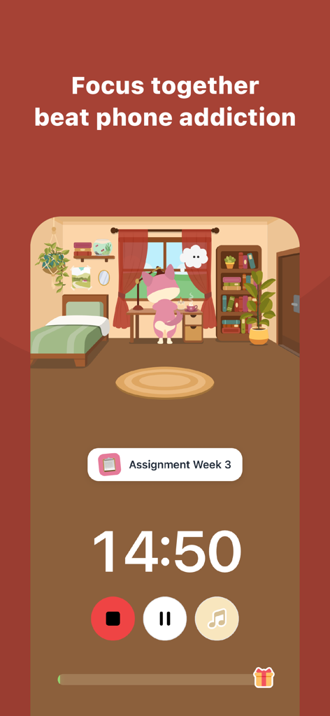 StudyPet app focus timer interface with a cute pet companion and countdown clock in a cozy bedroom setting.