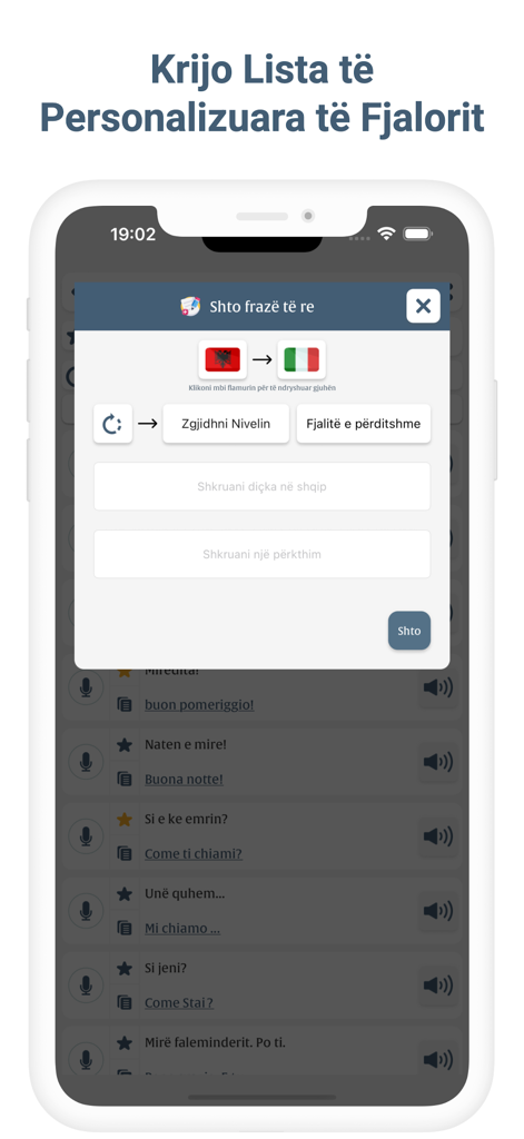 Meso Italisht app screen for creating personalized vocabulary lists with Albanian to Italian translations