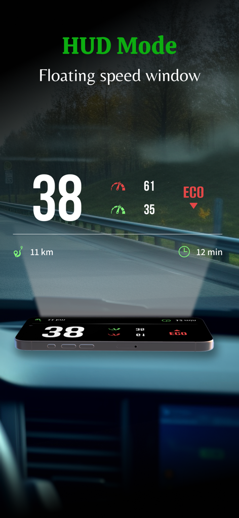 GPS Speedometer app in HUD mode reflecting speed and driving data onto a car windshield