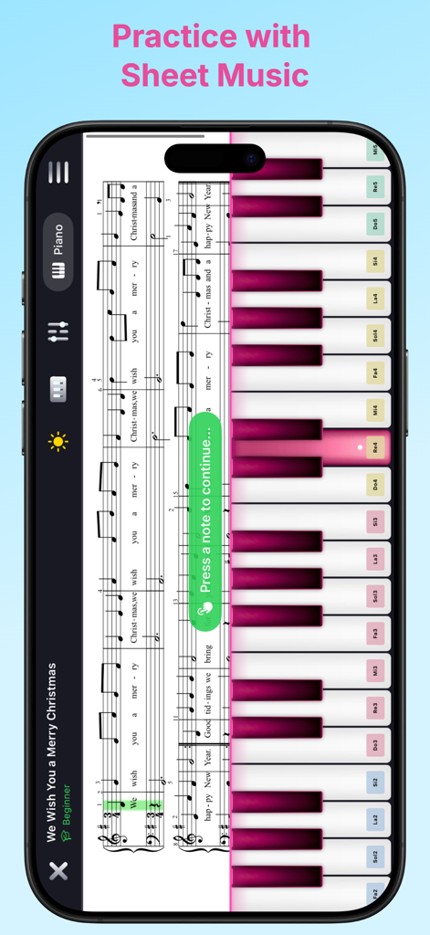 Hi Piano - Hi Piano app interface showing a virtual keyboard with sheet music for learning to play