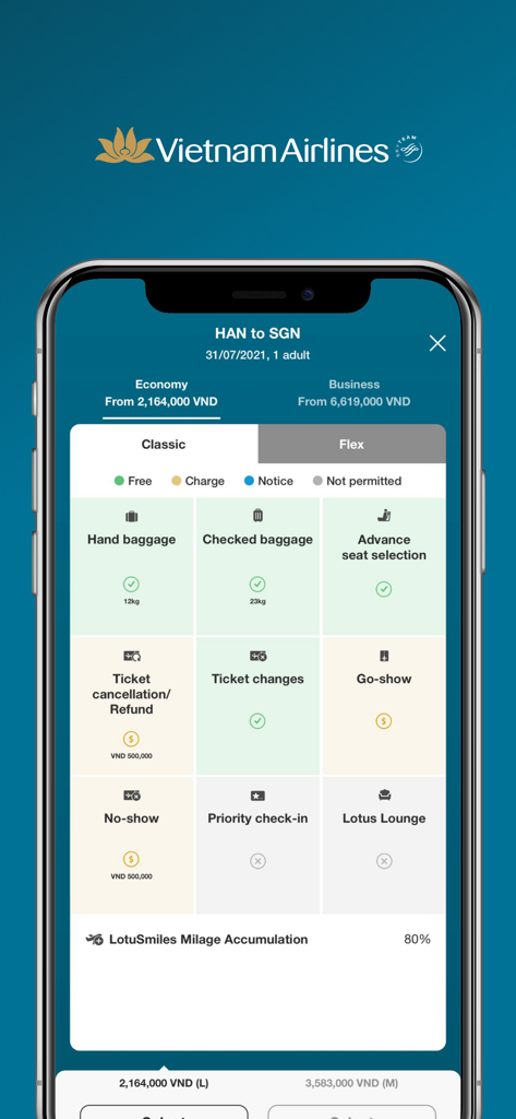 Pantalla de la aplicación móvil Vietnam Airlines que muestra detalles de la tarifa del vuelo y beneficios del billete para billetes clásicos de economía