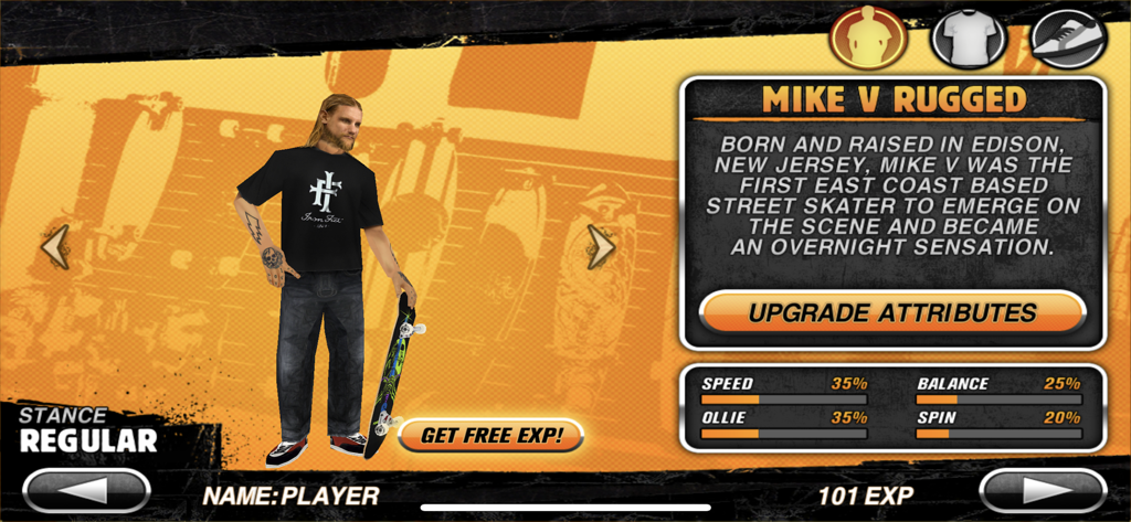 Skateboard Party - Character customization screen in Skateboard Party showing Mike Vallely stats and attributes.