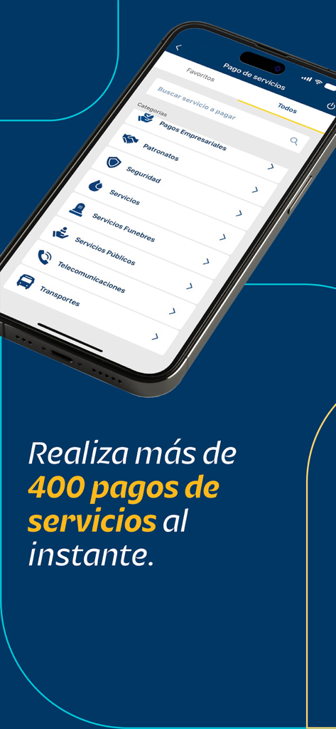 Banpaís - Écran mobile de l'application Banpaís affichant les options pour le paiement instantané de plus de 400 services