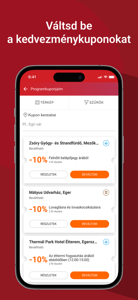 Szallas.hu - Szallas.hu app screen displaying various ten percent discount coupons for local Hungarian attractions and restaurants