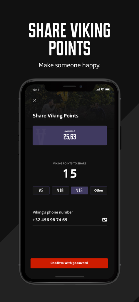 Mobile Vikings App Bildschirm zum Teilen von Viking Points mit einem Kontakt