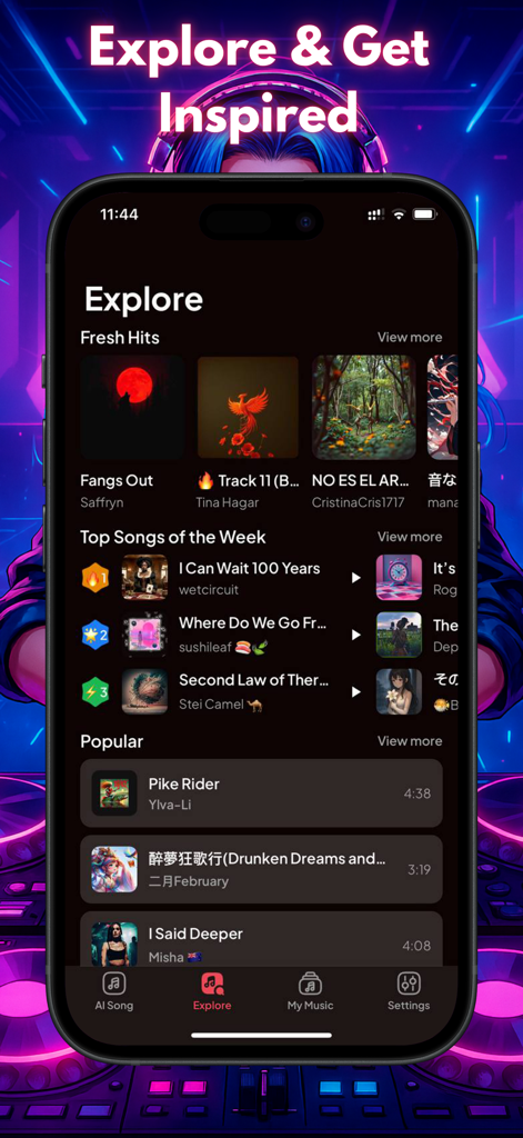 MelodyAI:AI Song & Music Maker - Explore screen of the MelodyAI app showing popular and trending AI generated music tracks