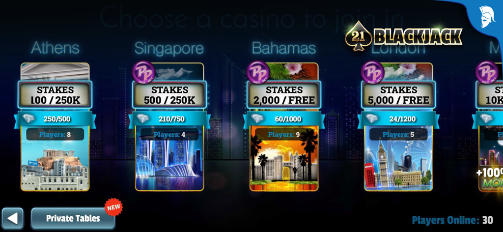 Blackjack 21: Live Casino game - Schermata del gioco Blackjack 21 che mostra un menu di viaggio globale con località di casinò come Atene, Singapore e Bahamas con diverse puntate.