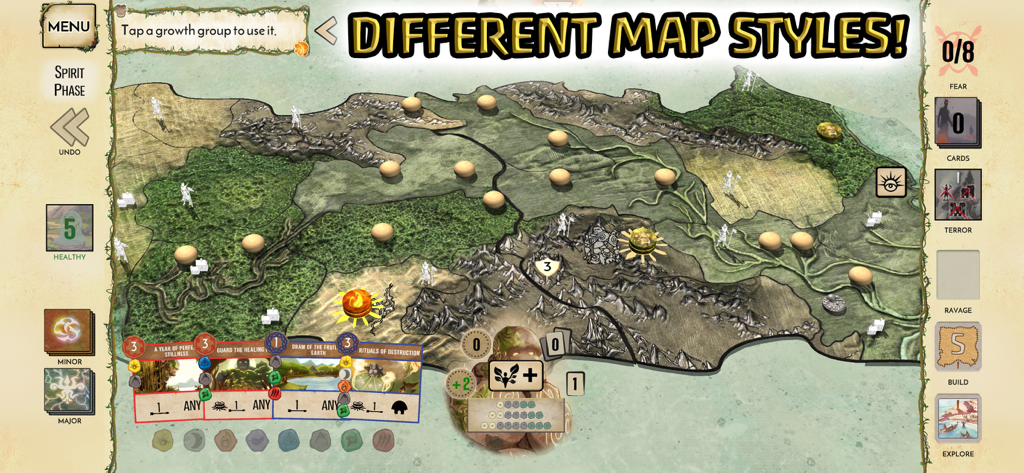 게임 조각과 영혼 카드가 있는 테마 3D 맵 스타일을 보여주는 스피릿 아일랜드 스크린샷