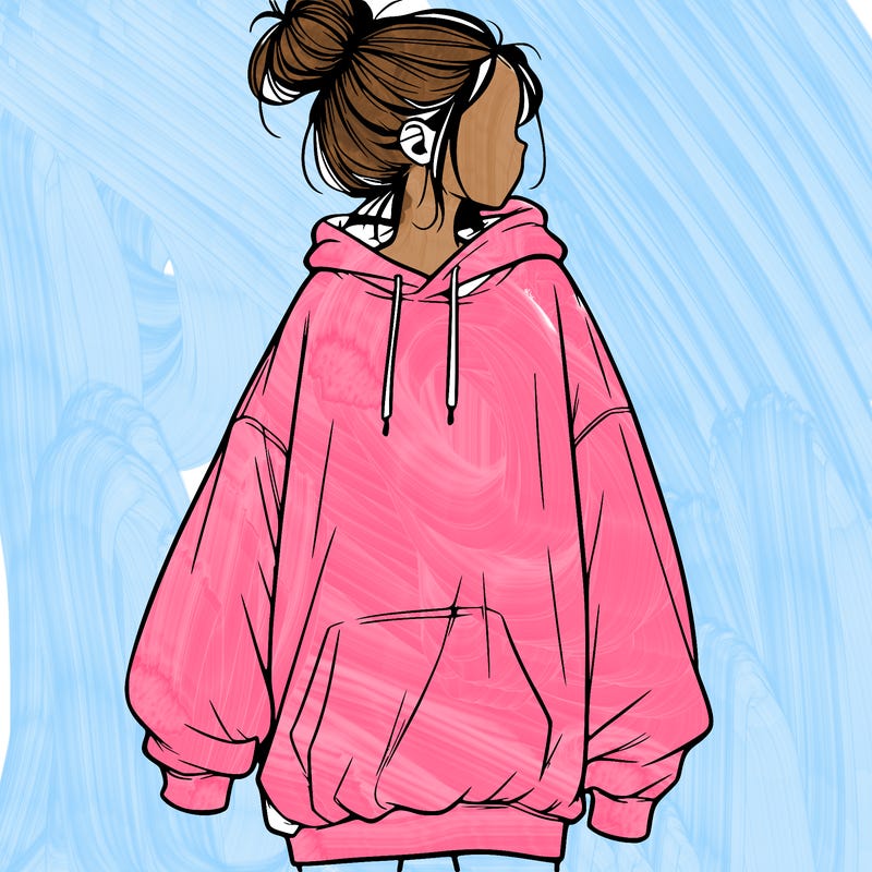 realistic girl with a oversized sweatshirt on and a bun