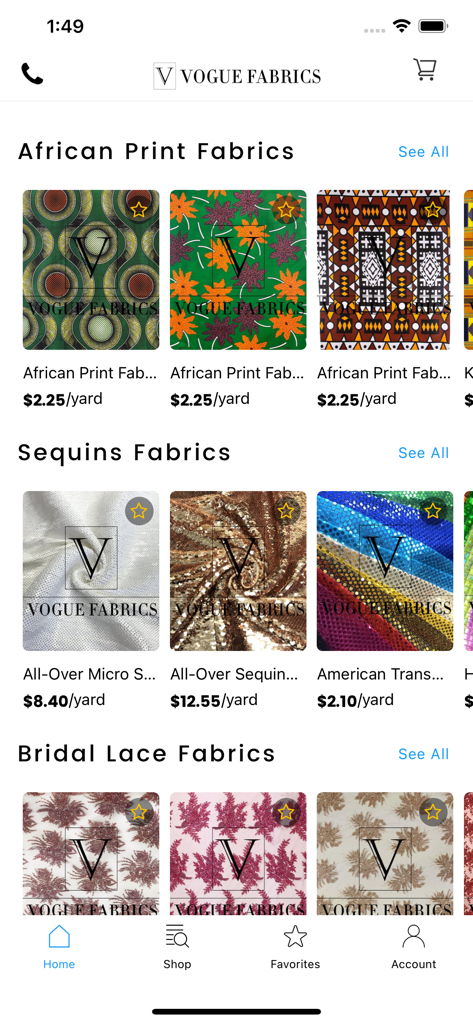Vogue Fabrics app displaying collections of African print sequins and bridal lace fabrics