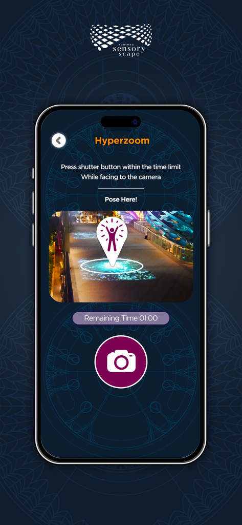 Interface of the ImagiNite app hyperzoom feature showing instructions and camera shutter button for group photos