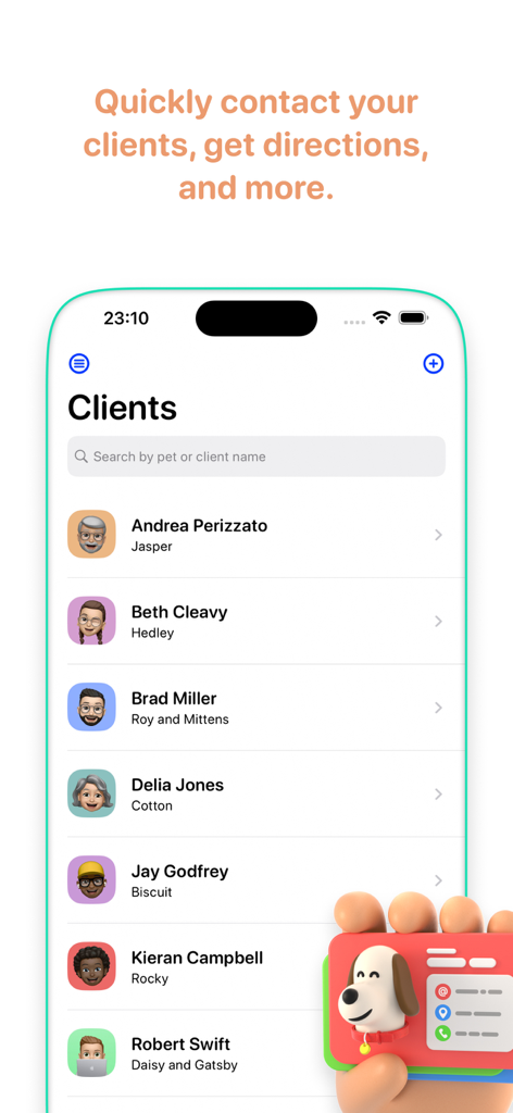 Walkies: Pet Sitting & Walking - A screen showing a list of clients and their pets in the Walkies pet sitting app