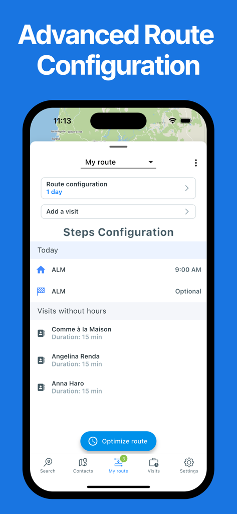 Route Optimizer - Easy Way - Advanced route configuration screen in the Easy Way app showing a list of visits and an optimize route button