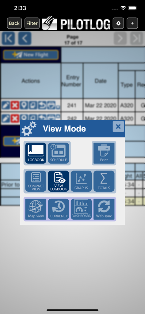 Safelog Pilot Logbook - Safelog app navigation menu with view mode options for flight logging and analytics