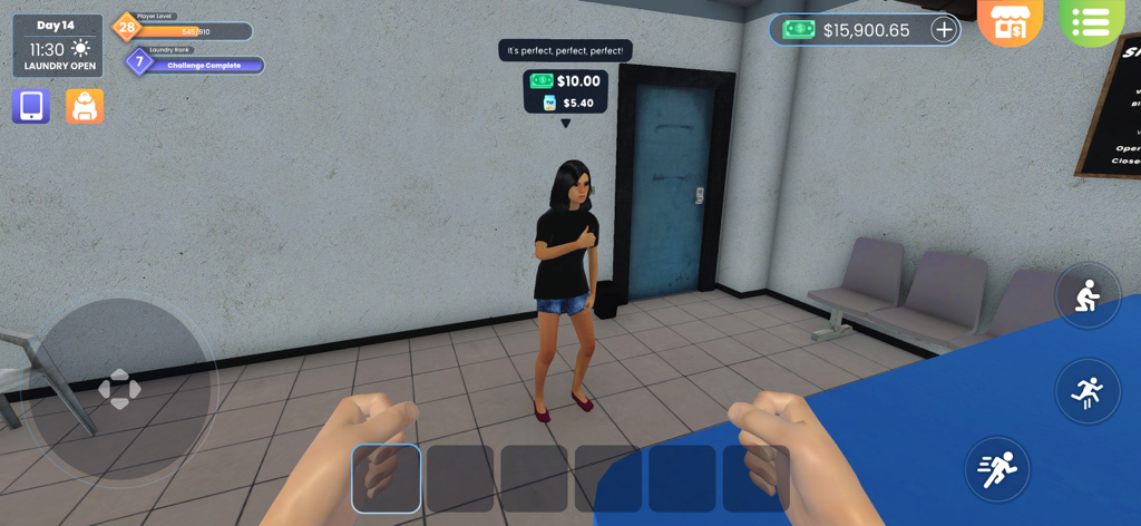 A first person gameplay view of a satisfied customer giving positive feedback in Laundry Store Simulator