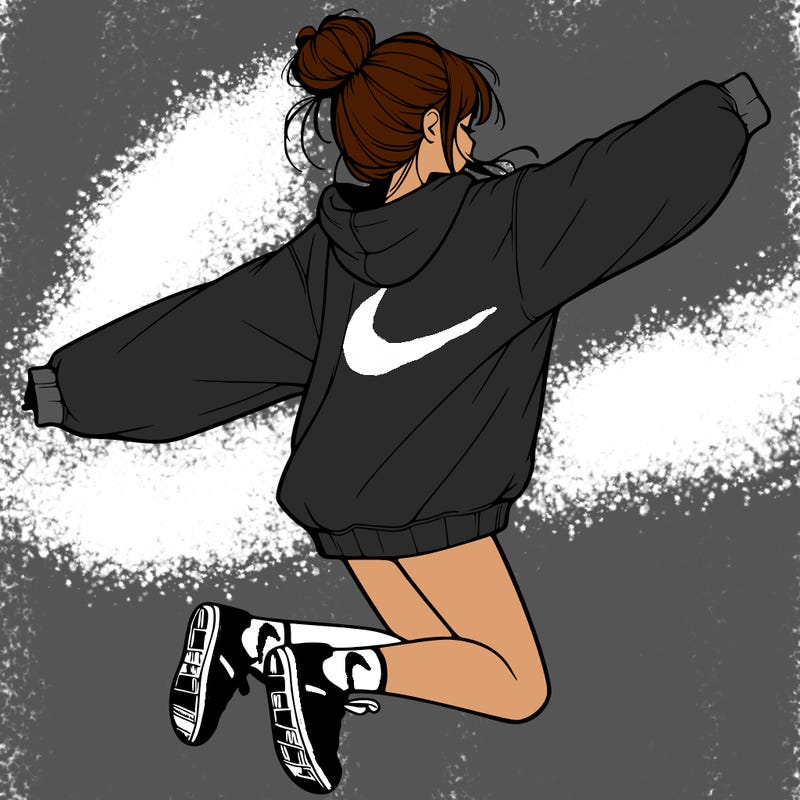 realistic girl jumping with a bun and oversized sweatshirt