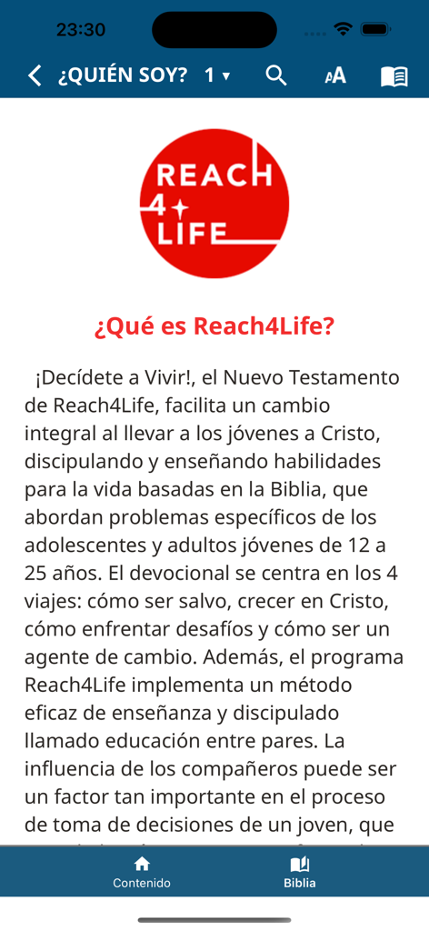 NVI Biblia de Estudio - Captura de pantalla de la descripción del programa juvenil Reach4Life dentro de la aplicación NVI Biblia de Estudio.