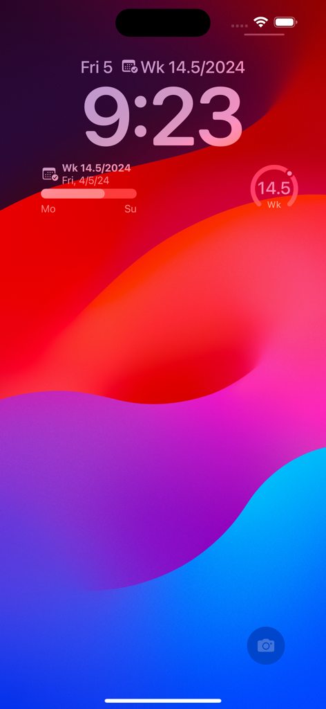 iPhone lock screen with Week Number Pro widgets showing current week.