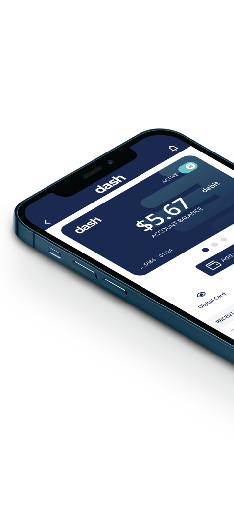 MyDashCard - MyDashCard app interface showing account balance and digital card status