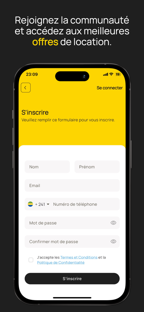 가봉의 Loobv 차량 공유 앱 등록 페이지, 등록 양식 표시.