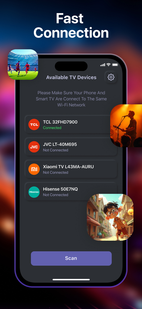 Pantalla de la aplicación Smart Remote Control for TVs mostrando dispositivos disponibles para una conexión rápida como TCL y Hisense