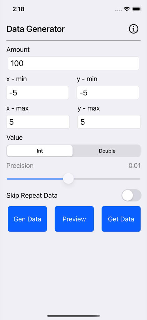 Data Generator Plus - Pantalla de configuración principal de la aplicación Data Generator Plus que muestra opciones de cantidad, rango y tipo de datos.
