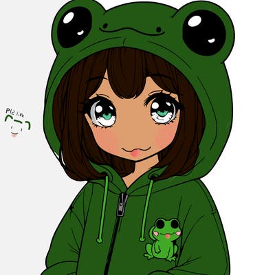 cute realistic girl in a froggy hoodie