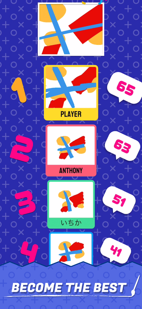 Una tabla de clasificación en la aplicación Perfect Paint que muestra las clasificaciones y puntuaciones de los jugadores por sus pinturas copiadas con el texto 'conviértete en el mejor'.